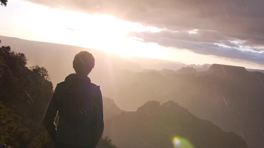 A person standing on a mountain with many trees during sunset on a cloudy day in the rain