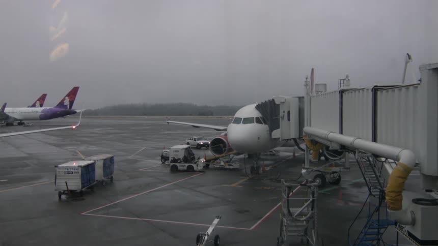 Man loads an airplane on a cloudy day
