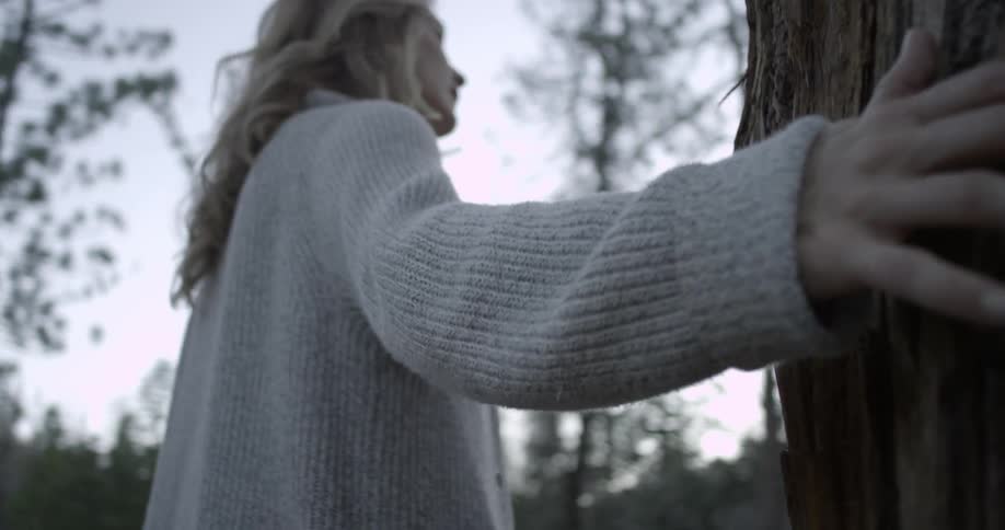 A woman, wearing a sweater, looks around in a forest while touching the bark of a large tree