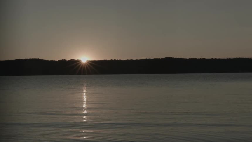 Sun setting behind some trees in front of a lake/