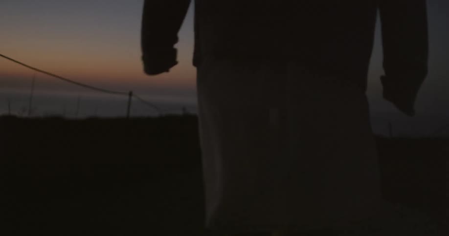 Woman in a flowing dress walking down a path at dusk