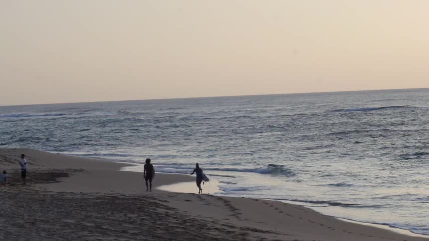 People carrying surfboards walking on the beach