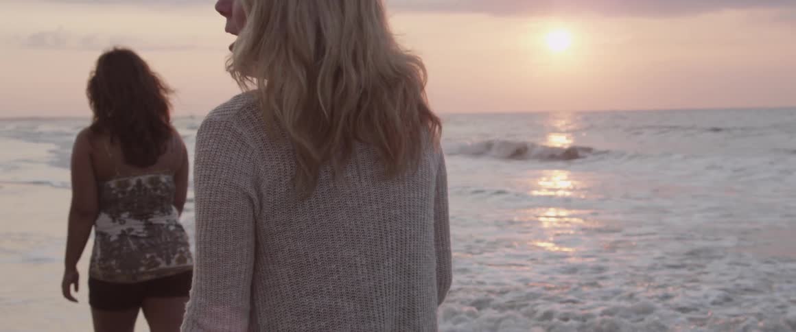 Women walk on the beach at sunset