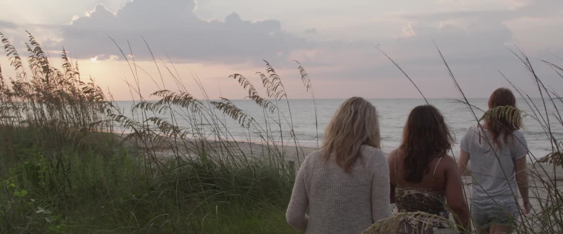 Three women walking through tall grass towards a beach