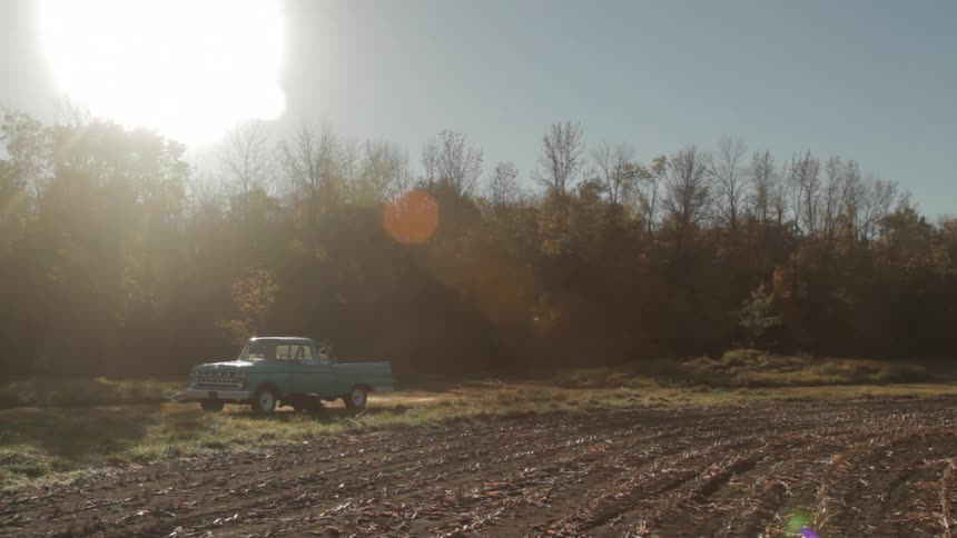 A pickup truck is parked in front of a group of trees while a dog explores