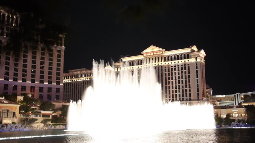 Water fountains dancing in front of a hotel