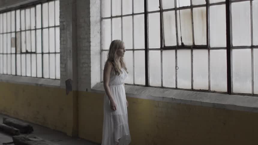 A woman looks at paned windows