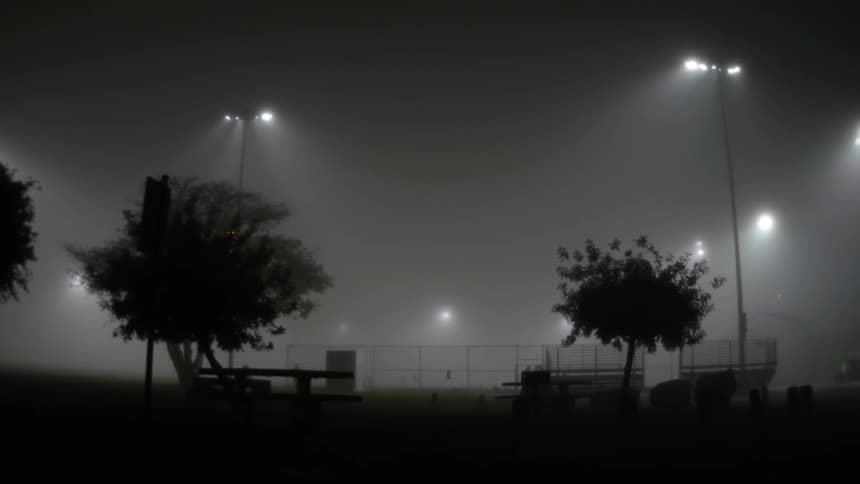 People throwing a ball at park on a foggy night