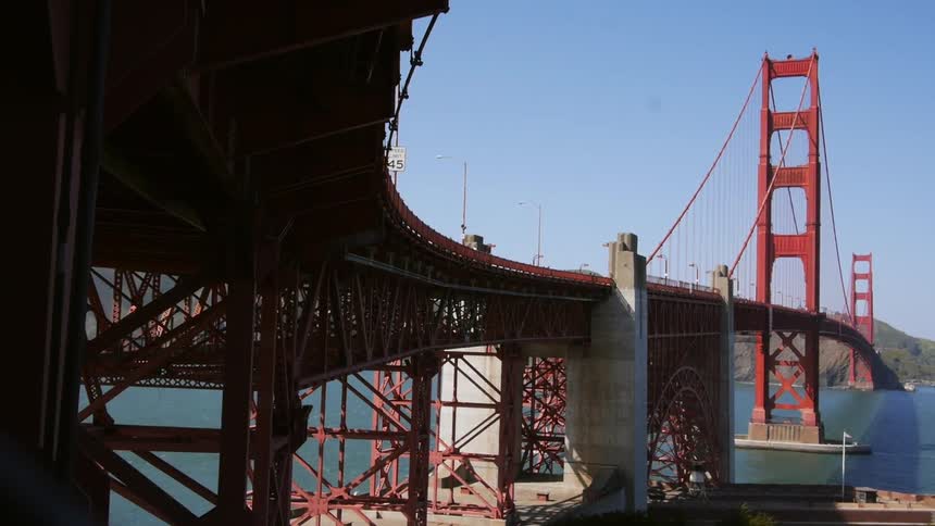 The red Golden Gate bridge spans a waterway