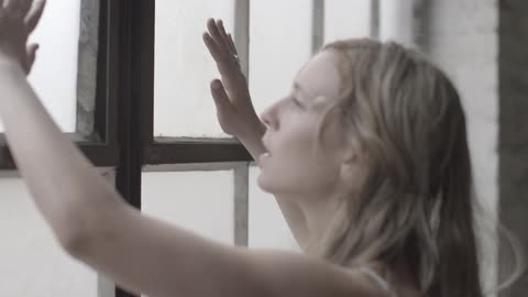 A woman looks through a paned window