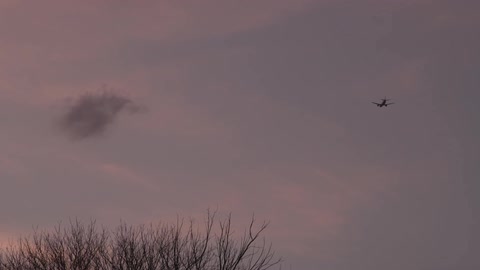 A plane flying into the sunset