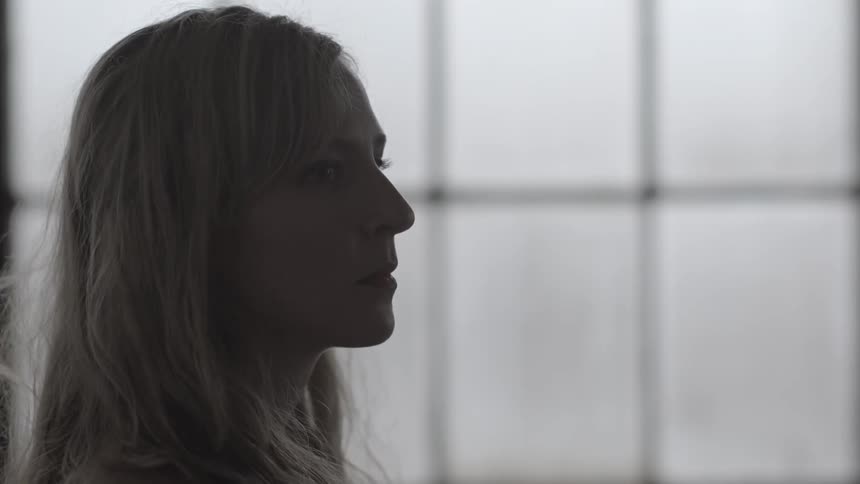 A woman stands in front of a paned window