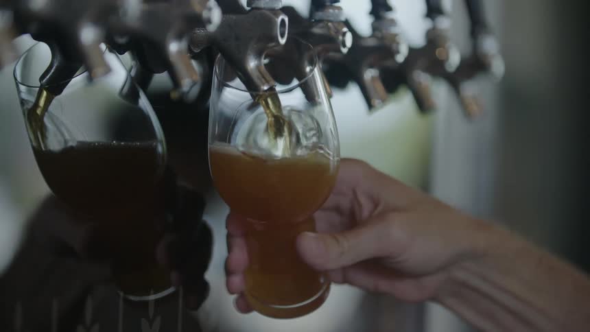 A person filling up a glass with beer