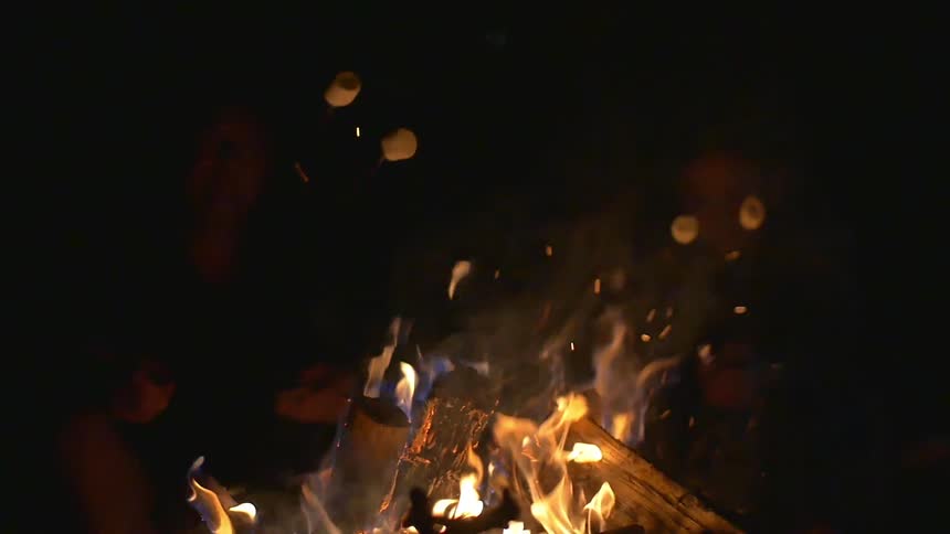 A campfire burns against the black night sky