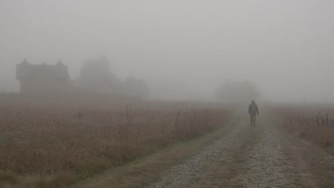 A man walks down a foggy, country road