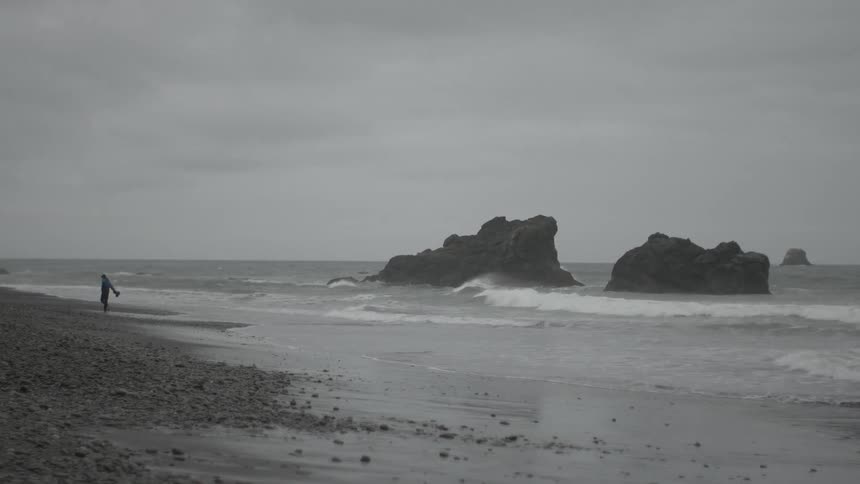 Person walking along the beach on a cloudy day
