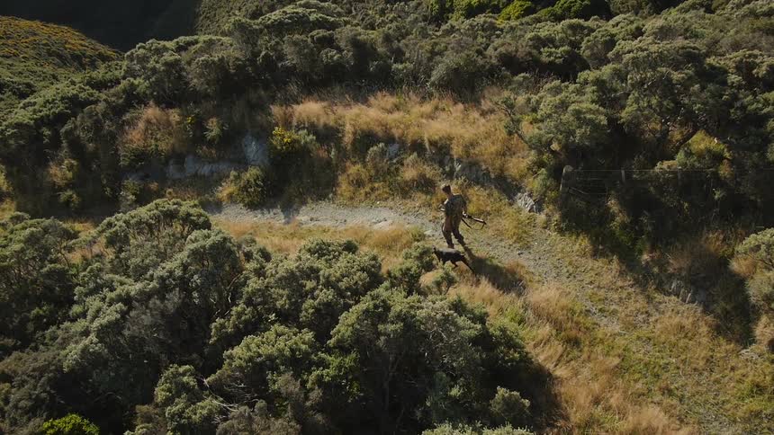 A man with a rifle walking with a dog