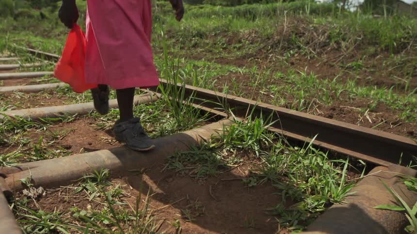 Girl walks along overgrown railroad tracks