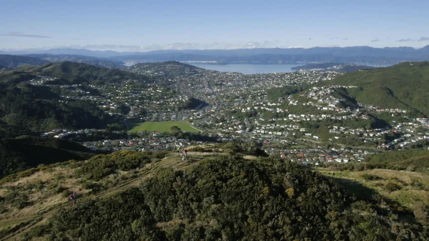 Aerial view of a distant coastal town