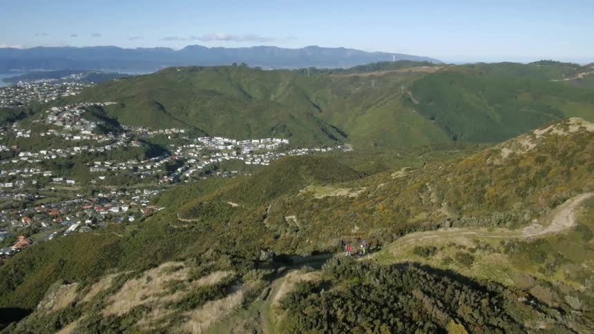 Aerial view of a distant coastal town