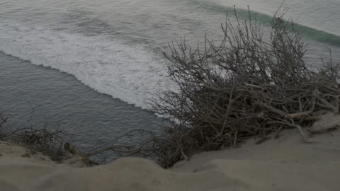 A view of waves crashing ashore from the top of a sandy cliff