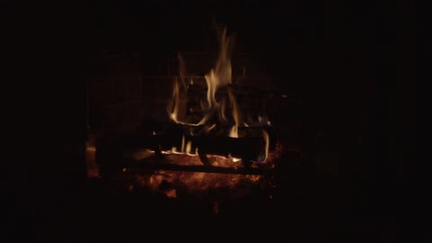 A fire is burning in a fireplace