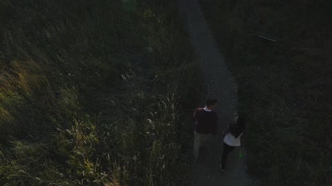 A  couple walks through a park