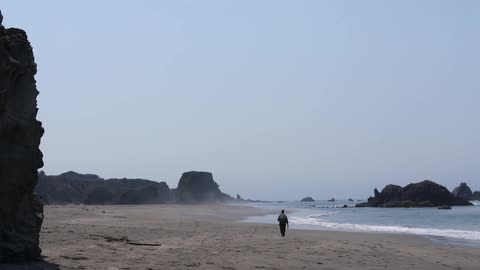 A man is walking down an empty beach