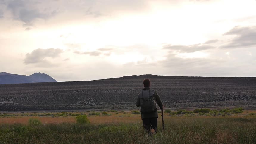 A man with a stick and a backpack walks across an open field towards a hill