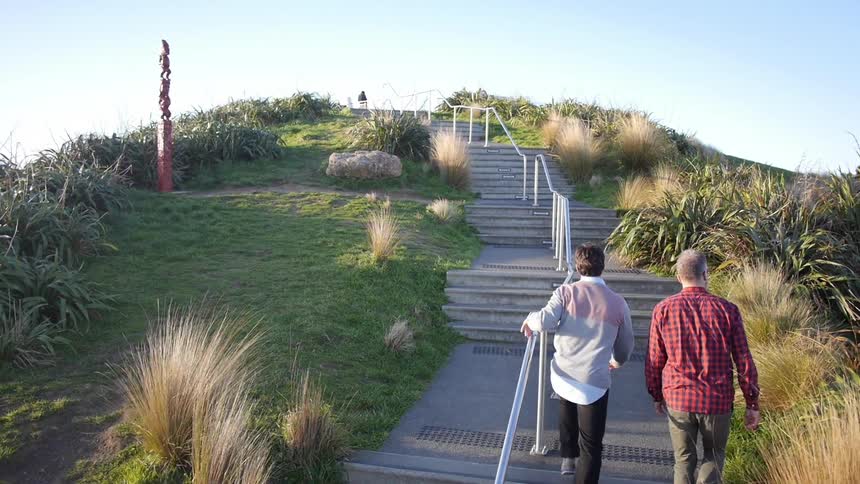 Two young men ascend the stairs to a lookout point overlooking a lake, mountains, and small city
