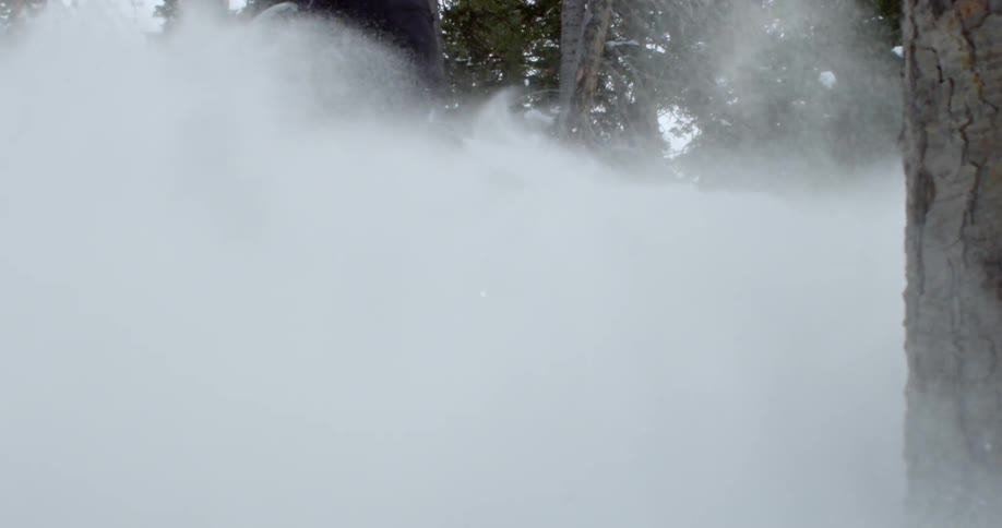 Someone riding a snowmobile in a forested area and causing the snow to spray outwards