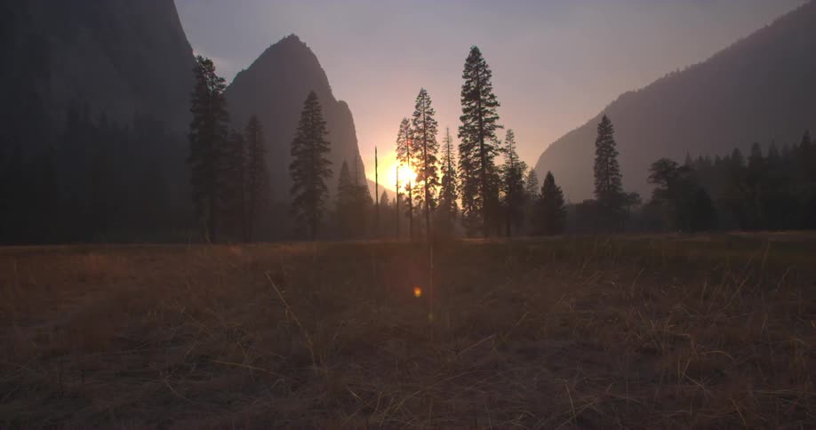 The sun setting behind a group of tall trees and tall mountains