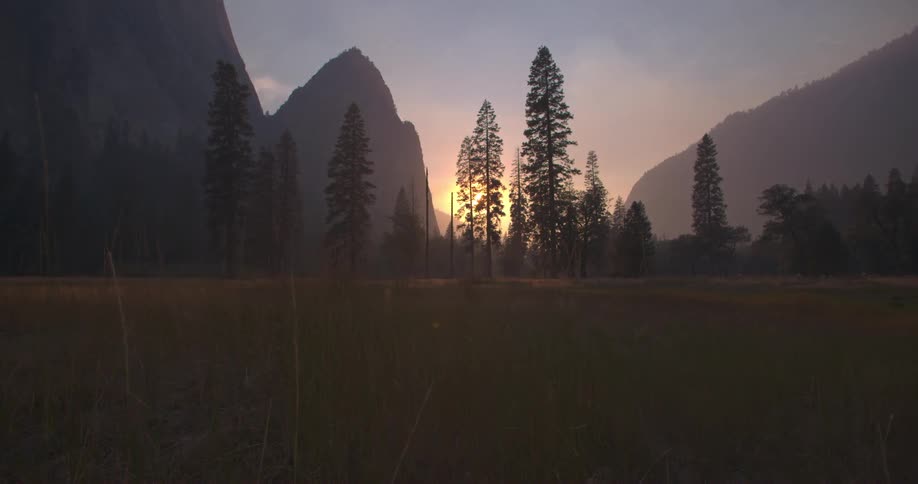 Trees and mountains at sunset