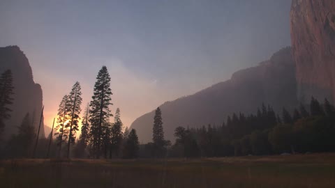 Trees and mountains with the sunset in the distance
