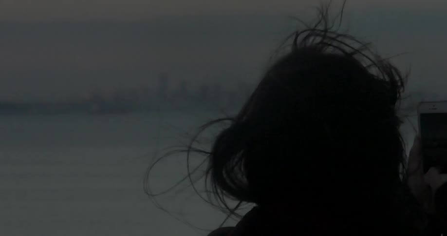 A Woman's hair is blowing in the breeze