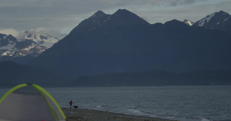 Family and dog stand along waters edge on beach with snowy mountains in front of them