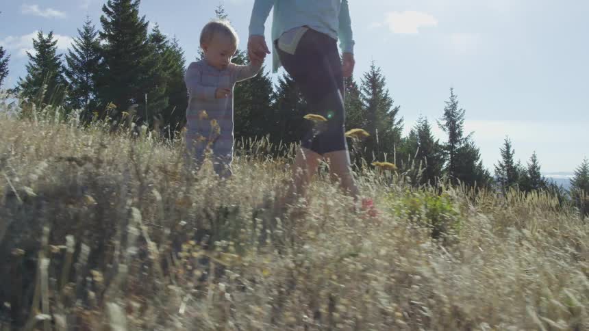 An adult walks with a baby through a field of grass