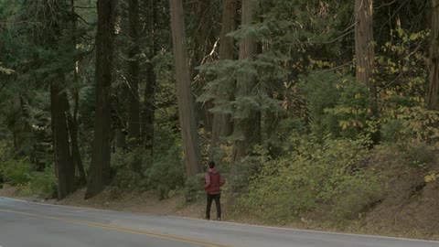 A man in a red jacket walking down a road near woods