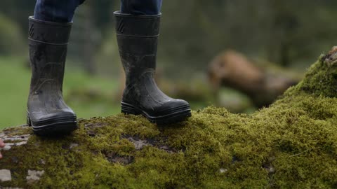 Two kids are climbing over a moss covered rock
