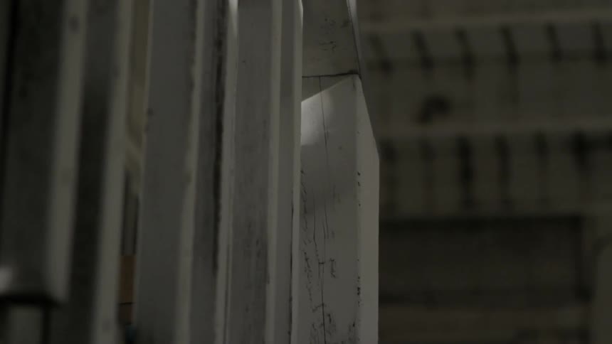A view of wood supports painted white and the ceiling structure