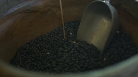 A scoop in a pot full of coffee beans