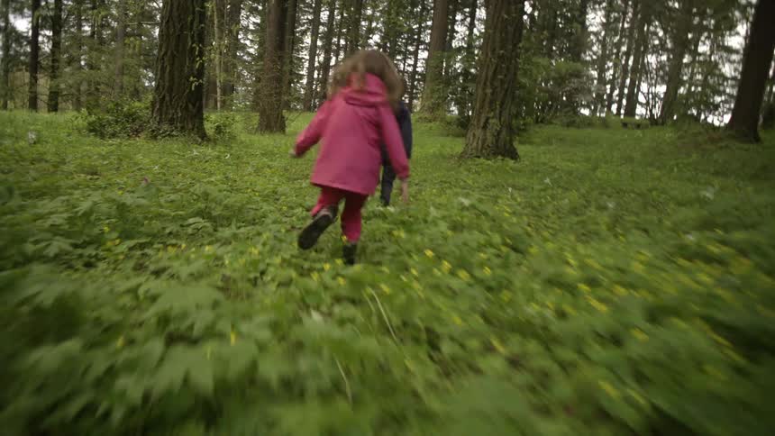 A boy and girl run through a forest